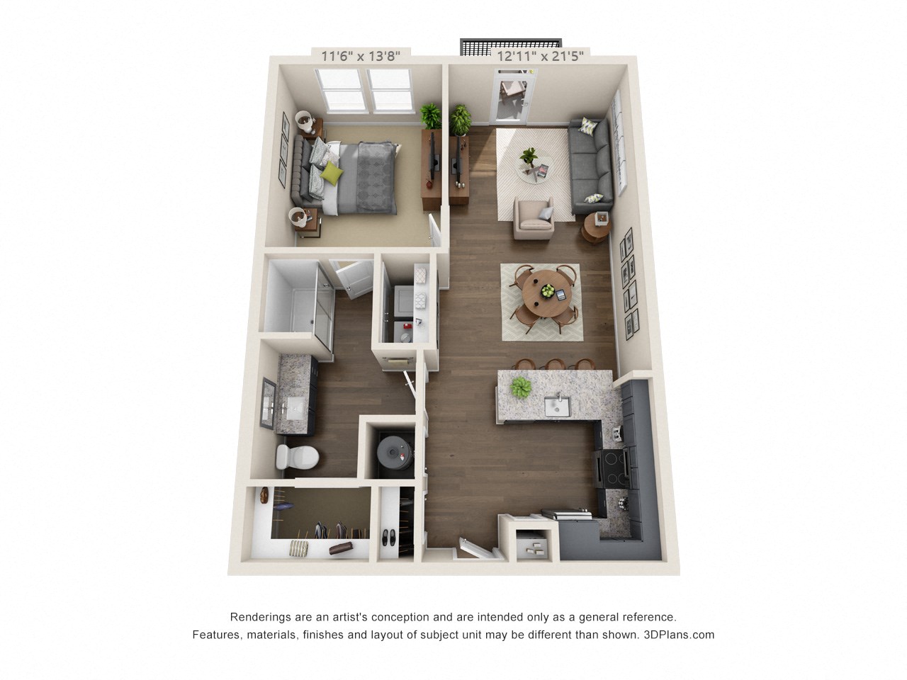 Floor plan for 1 bed, 1 bath, 800 sqft